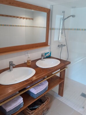 Shower, hair dryer, soap, toilet paper