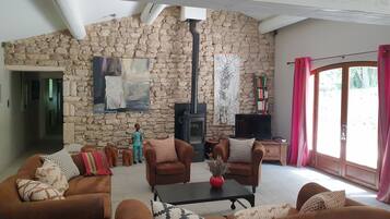 Télévision, lecteur de DVD, table de tennis de table, livres