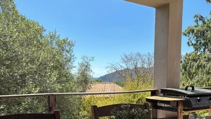 Un espace extérieur aménagé pour les repas, avec une table en bois, des chaises et un barbecue.