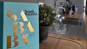 Une cuisine avec une grande fenêtre, une plante en pot et un livre de recettes intitulé « SABA BA » posé sur le plan de travail.