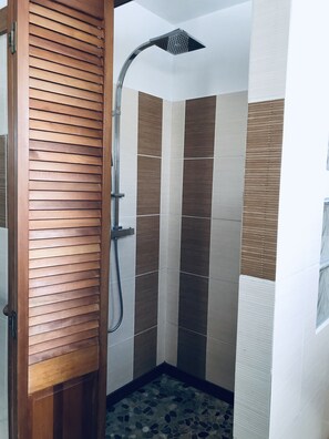 Combined shower/tub, hair dryer, toilet paper