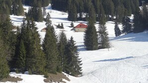 A snow-covered landscape with a few buildings, including a red-roofed structure, surrounded by dense evergreen trees. - Large first floor studio in a peaceful building: no smoking, pets not allowed (Les Rousses)