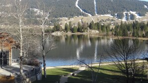 A lakeside view with a mountain in the background, a wooden deck, and a fenced area. - Large first floor studio in a peaceful building: no smoking, pets not allowed (Les Rousses)