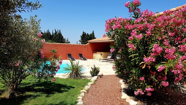 A pool area with lounge chairs, a red building, and pink flowering plants.
