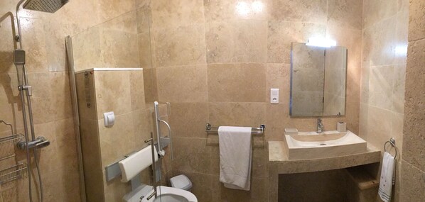 A bathroom with a shower, toilet, sink, and mirror. - Stunning ocean view in Les Issambres, pool, air conditioning, pétanque court, wheelchair accessible... (Roquebrune-sur-Argens)