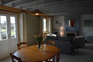 Télévision, cheminée, lecteur de DVD, livres