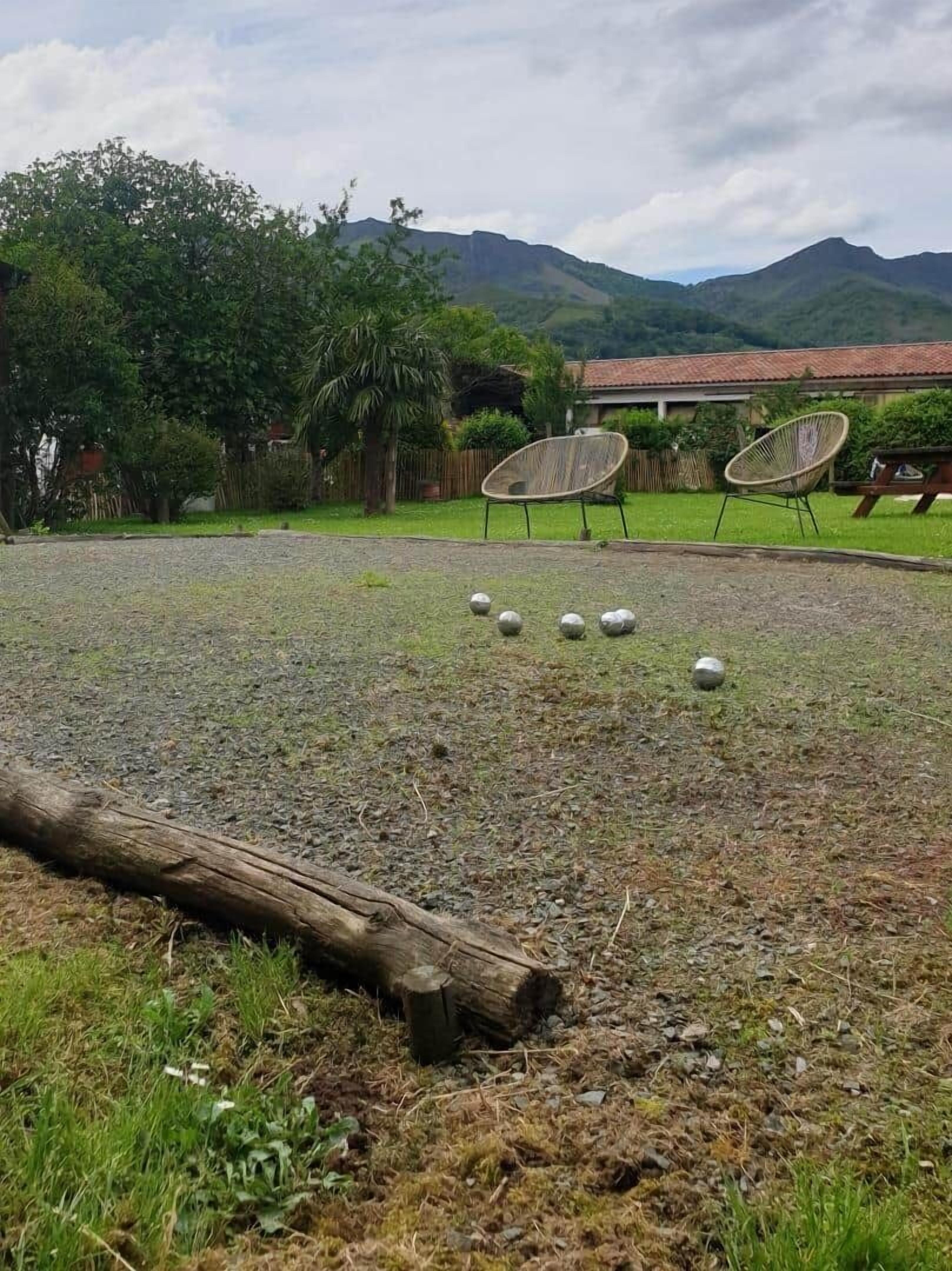 A grassy outdoor area with a wooden log, a chair, and a ball.