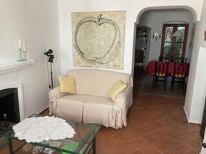 TV, fireplace, toys, books