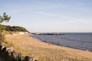 On the beach, sun-loungers