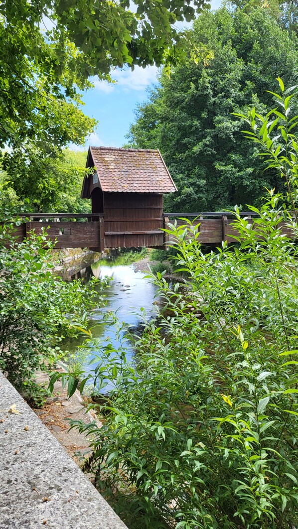 Eine rustikale Holzbrücke über einem ruhigen Fluss, umgeben von üppiger Vegetation und einem kleinen Holzhaus.
