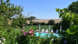 A pool area with lounge chairs and umbrellas, surrounded by greenery and a view of a hill.