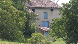 A rustic building with a tiled roof and a blue door, surrounded by lush greenery and a field of sunflowers.