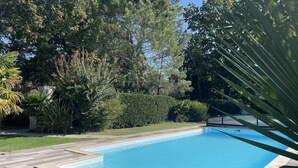 Una piscina rectangular con solárium empedrado, rodeada de abundante vegetación y árboles.