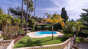 A landscaped pool area with a curved pool, surrounded by palm trees and a stone wall. - Villa in Cannes 300 meters form the sea - 5 bedrooms, garden and swimming pool (Cannes)