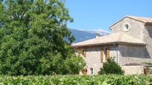 A stone building with a thatched roof, surrounded by greenery and a mountain in the background. - Traditional Provencal gite, offering quietness and serenity (Mazan)