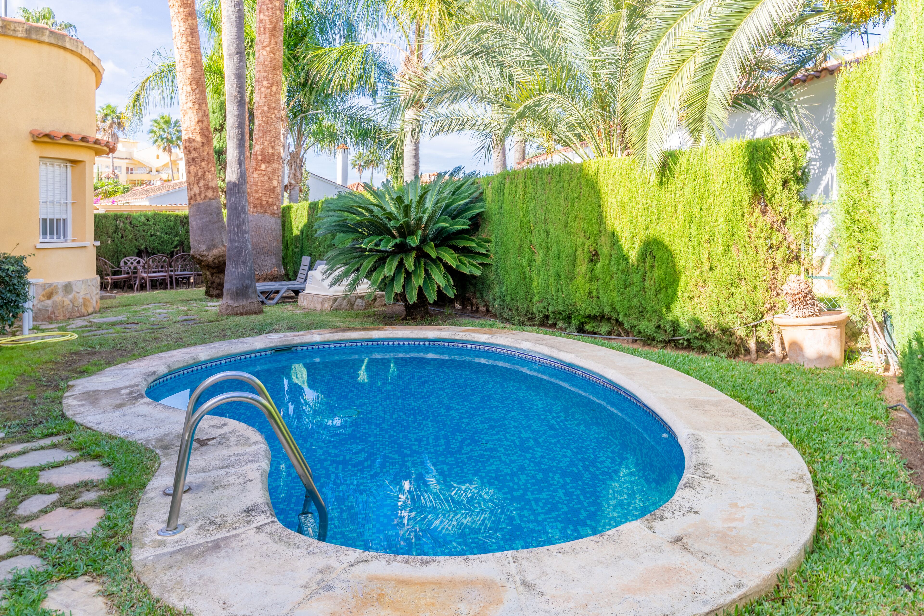 Una piscina con solárium de piedra, rodeada de palmeras y un seto bien cuidado.