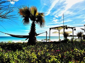 On the beach, sun loungers