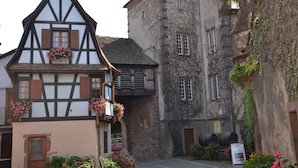 A traditional half-timbered building with a steeply pitched roof, a stone building with ivy, and a sign indicating a wine cellar. - Contemporary house 10 people with sauna and Spa (Kaysersberg Vignoble)