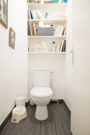 Bathtub, hair dryer, towels, toilet paper