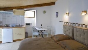 Habitació senzilla amb llit, petita cuina i zona de dinar.