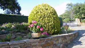 A stone wall with a potted plant and flowers. - Spacious ground floor of villa, magnificent sea view, terrace , enclosed parking (Le Lavandou)