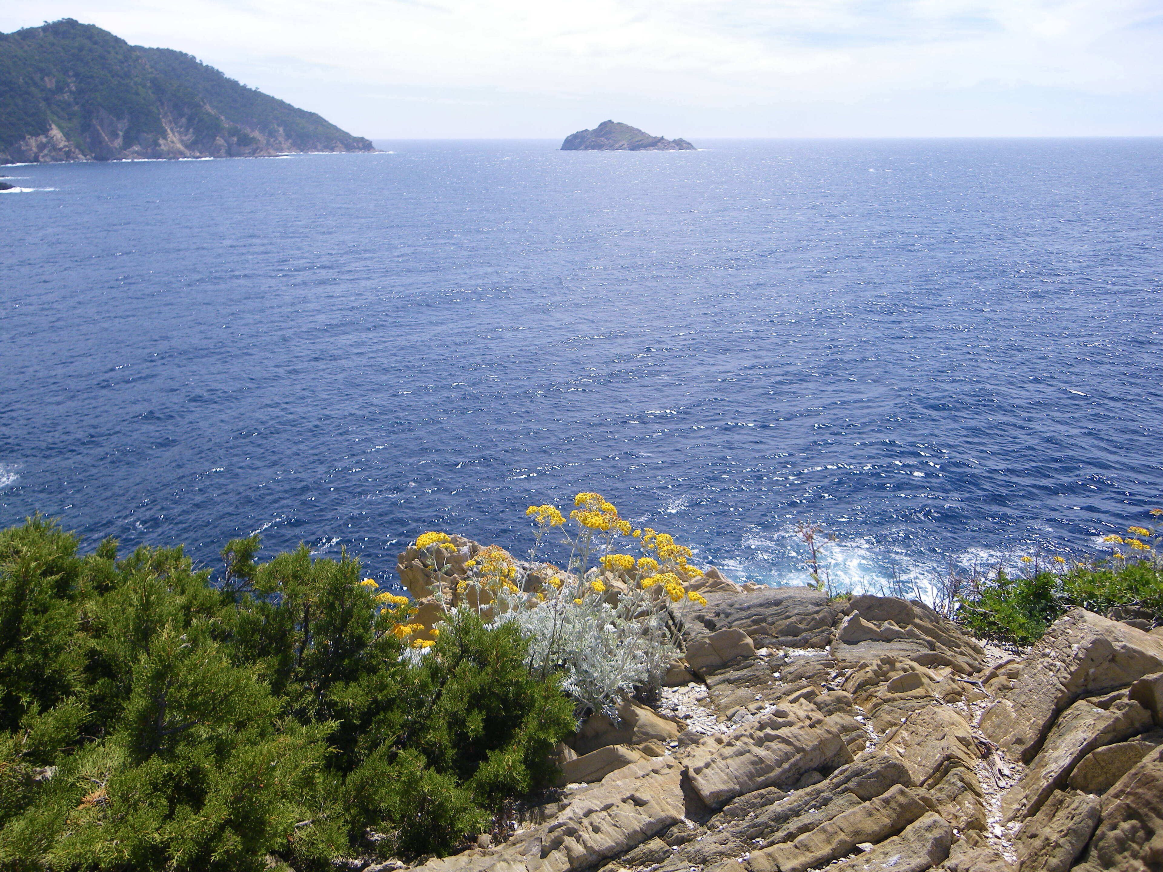 A coastal landscape with rocky terrain and a view of the sea.