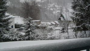 Paisaje nevado con un pueblo, casas y árboles.