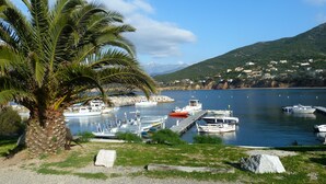 A marina with boats docked, a palm tree, and a mountainous backdrop. - Quiet village, panoramic view, Scandola reserve, warm river Le Fango (Galéria)