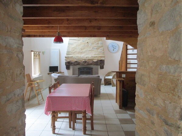 TV, fireplace, DVD player, books