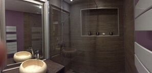 Shower, hair dryer, towels, toilet paper