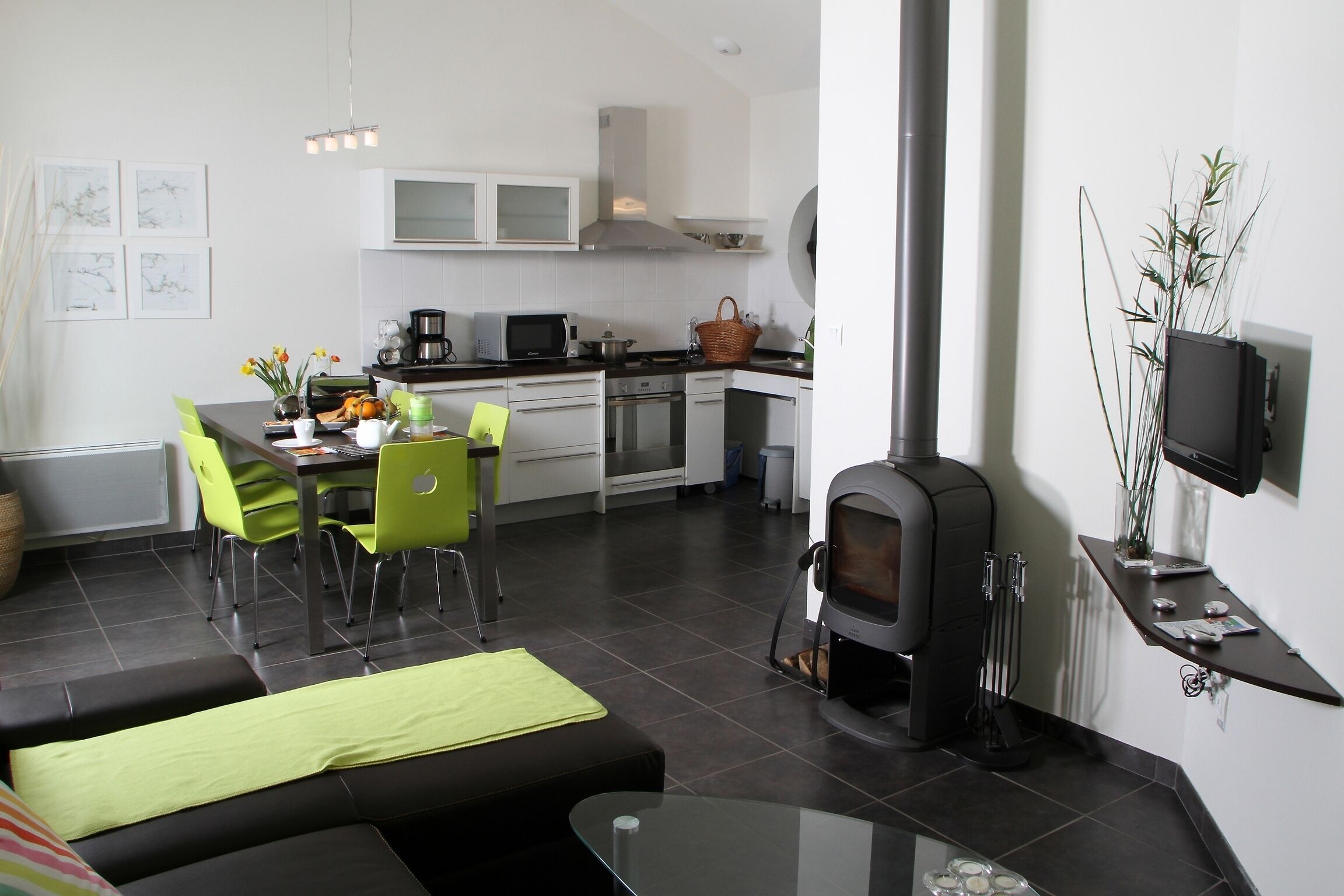 Televisie, een open haard en boeken