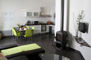 TV, fireplace, books