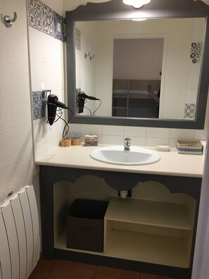 Combined shower/tub, hair dryer