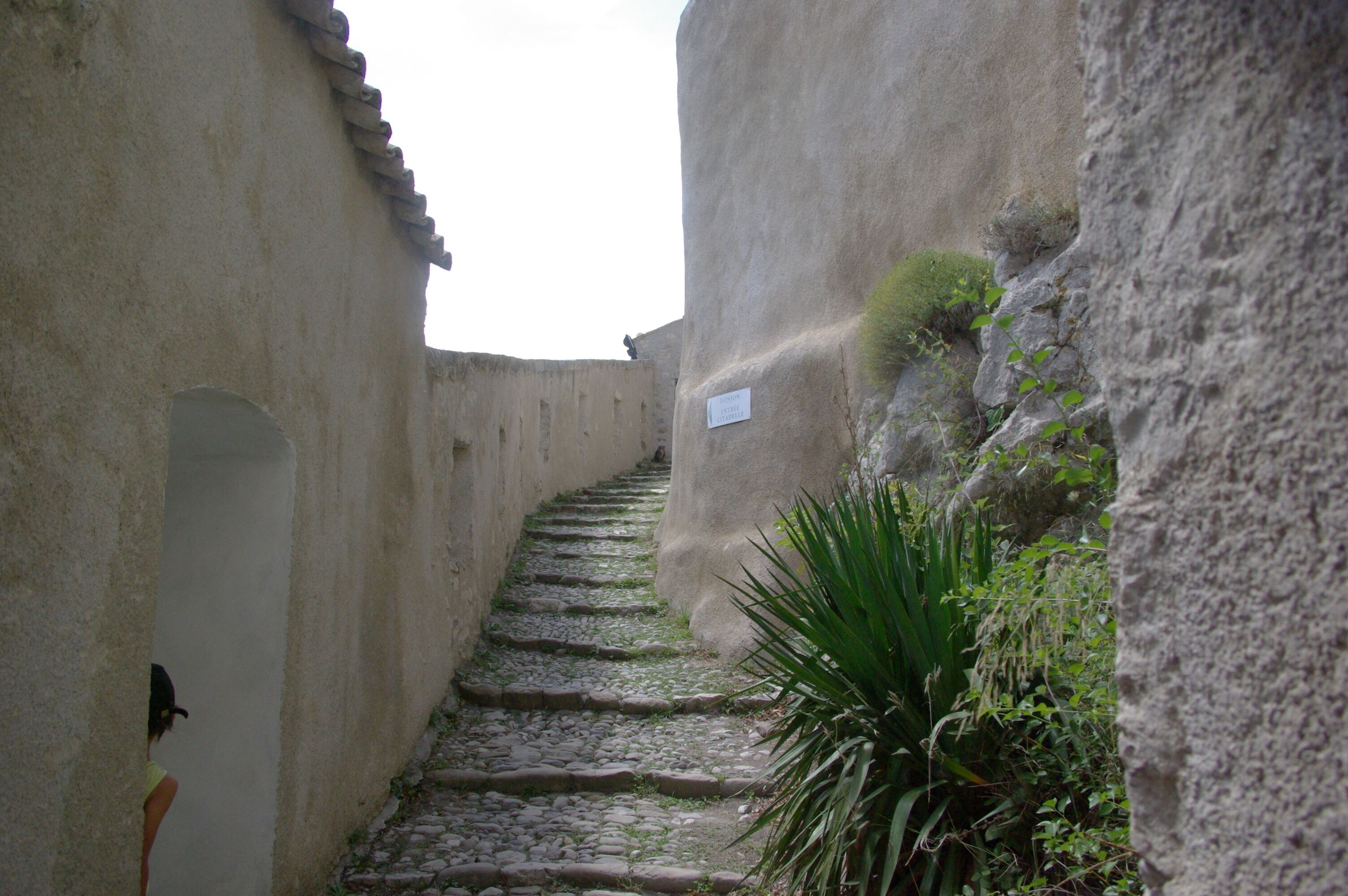 Una estrecha escalera de piedra en un edificio histórico, con un cartel que indica un museo.