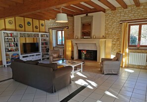 Télévision, cheminée, table de tennis de table, livres