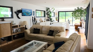 Smart-tv, eldstad, dvd-spelare och ett bordtennisbord