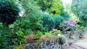 A garden with various plants and a stone wall. - Adorable country house in the heart of a hamlet overlooking the valley (Authiou)