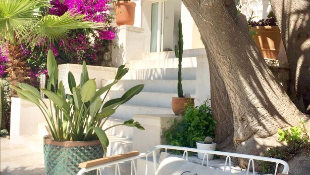 Une chaise en métal blanc avec un coussin portant l’inscription « CASA Bianca », placée dans un cadre extérieur ensoleillé, avec des plantes en pot et un bâtiment en arrière-plan.