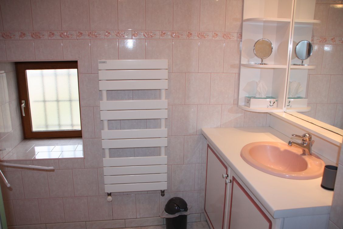 A bathroom with a white radiator, a sink with a mirror, and a window.