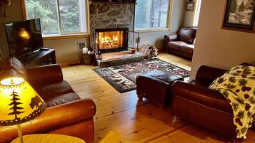 Smart TV, fireplace, DVD player, video library