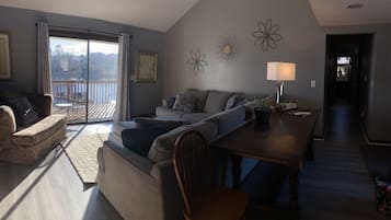 Televisor, llar de foc, taula de tennis de taula i llibres