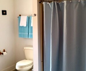 A bathroom with a toilet, a towel rack with blue towels, and a shower curtain. - Family Friendly Lake Front Property on the Water's Edge.  Spectacular Setting. (South Hero)