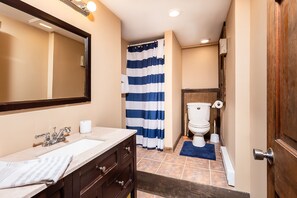 Combined shower/bathtub, hair dryer, towels, soap