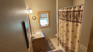 Combined shower/tub, hair dryer, towels, soap