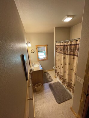 Combined shower/bathtub, hair dryer, towels, soap