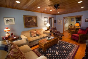 Smart TV, caminetto, lettore DVD, libri