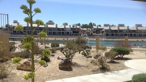 A resort with a pool area, surrounded by desert plants and a row of buildings with a uniform architectural style.
