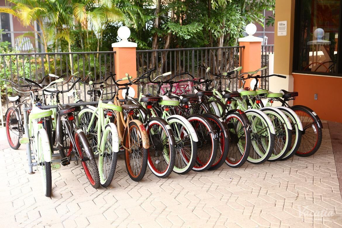 A row of bicycles parked outside a building with a tiled floor and a metal fence.
