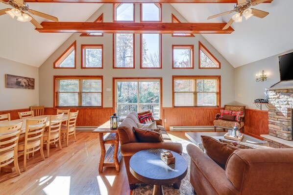 Smart TV, fireplace, video games, DVD player