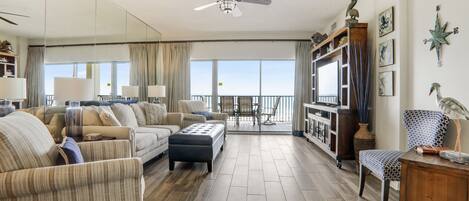 TV, DVD player, books, stereo